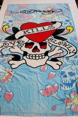 Y2K ED Hardy HUGE Beach Towel Love Kills Slowly Skull Tattoo Vacation Poolside